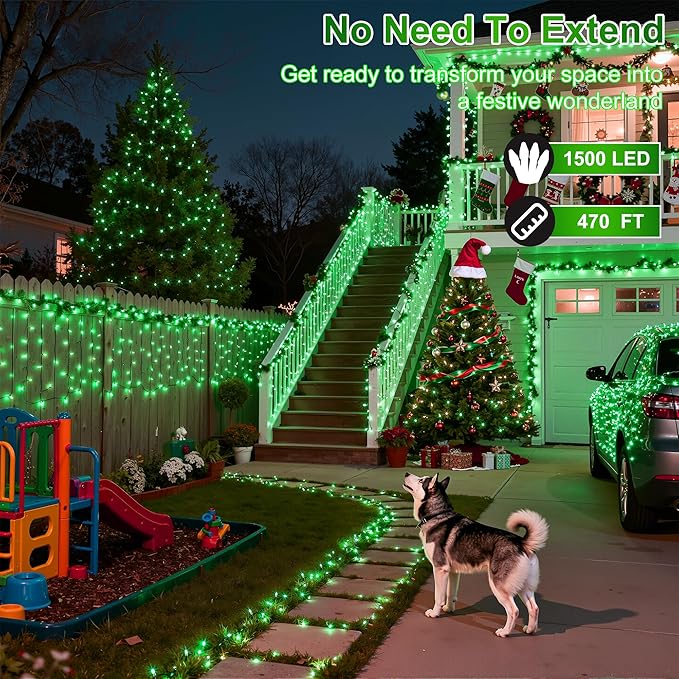 1500LED Christmas Lights Outdoor Use, 470ft 12 Modes Green LED String Lights with Timer Dimmable, Waterproof Christmas Tree Lights for Xmas Patio Yard Fence Balcony Garden Party Decor Green