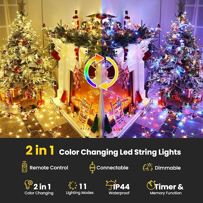 Color Changing Christmas Lights, 338ft 1000 LED Warm White & Multicolor Christmas String Lights with Remote, 11 Modes Fairy Twinkle Lights for Party Garden Holiday Weddings Xmas Tree Decorations