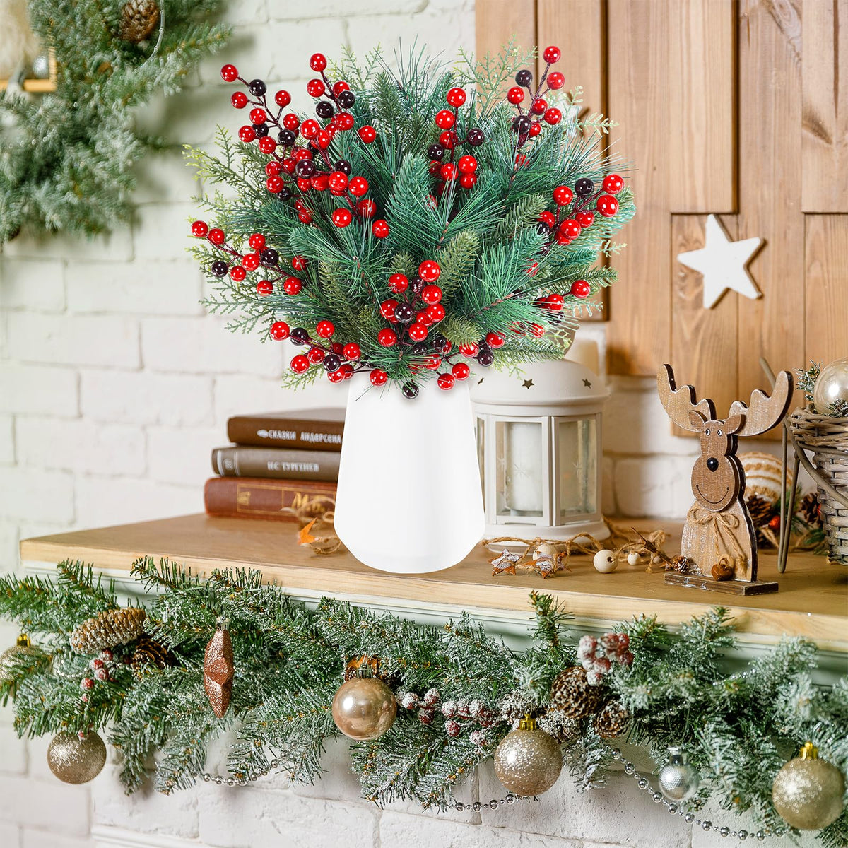 Winlyn 65 Pcs Artificial Pine Branches and Red Berries Stems Christmas Greenery Stems Cedar Picks for Christmas Tree Wreath Winter Wedding Holiday Floral Arrangement Table Centerpiece DIY Crafts
