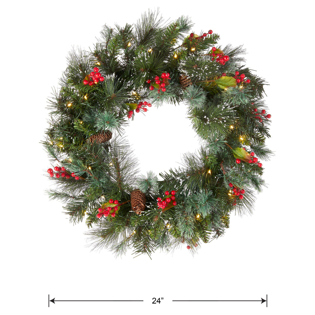 National Tree Company 24 in Pre-Lit Wintry Pine Flocked Artificial Christmas Wreath, Christmas Decoration with Pinecones, Red Berries, 50 Clear LED Lights, 113 Tips, Timer, Green