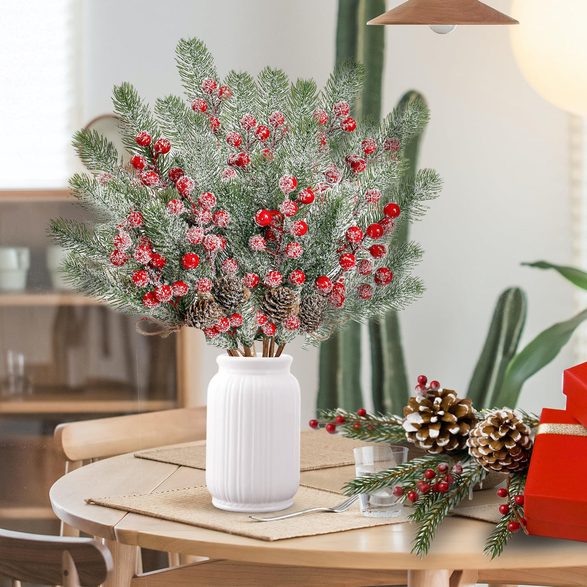 Sggvecsy 6 Pack Snow Frosted Christmas Berries Pine Picks Artificial Red Berry Pine Branches Faux Pine Stem with Pine Cones for Xmas Tree Wreath DIY Craft Floral Arrangement Holiday Decor (Red)
