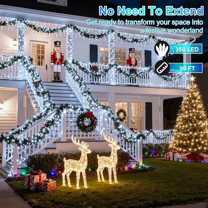 350LED Christmas Lights Indoor Outdoor, 90ft 12 Modes Cool White LED String Lights with Timer Dimmable, Waterproof Tree Lights for Xmas Patio Yard Fence Bedroom Wedding Garden Decor Cool White