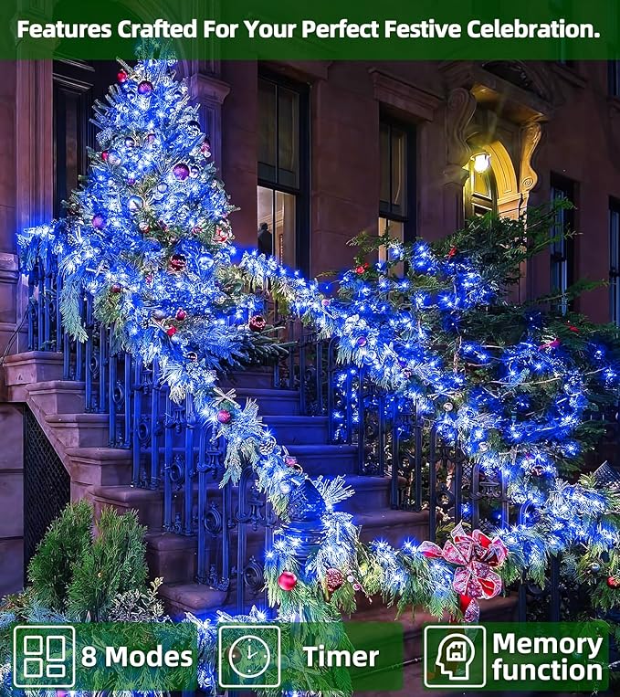 1500 LED 492ft Outdoor Christmas Lights Decorations, Green Wire LED String Lights with Timer Memory, Twinkle Lighs for Indoor Outdoor Party, Tree Wedding, Garden, Patio (Blue)