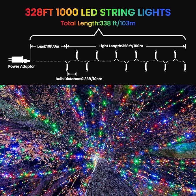 Color Changing Christmas Lights, 338ft 1000 LED Warm White & Multicolor Christmas String Lights with Remote, 11 Modes Fairy Twinkle Lights for Party Garden Holiday Weddings Xmas Tree Decorations