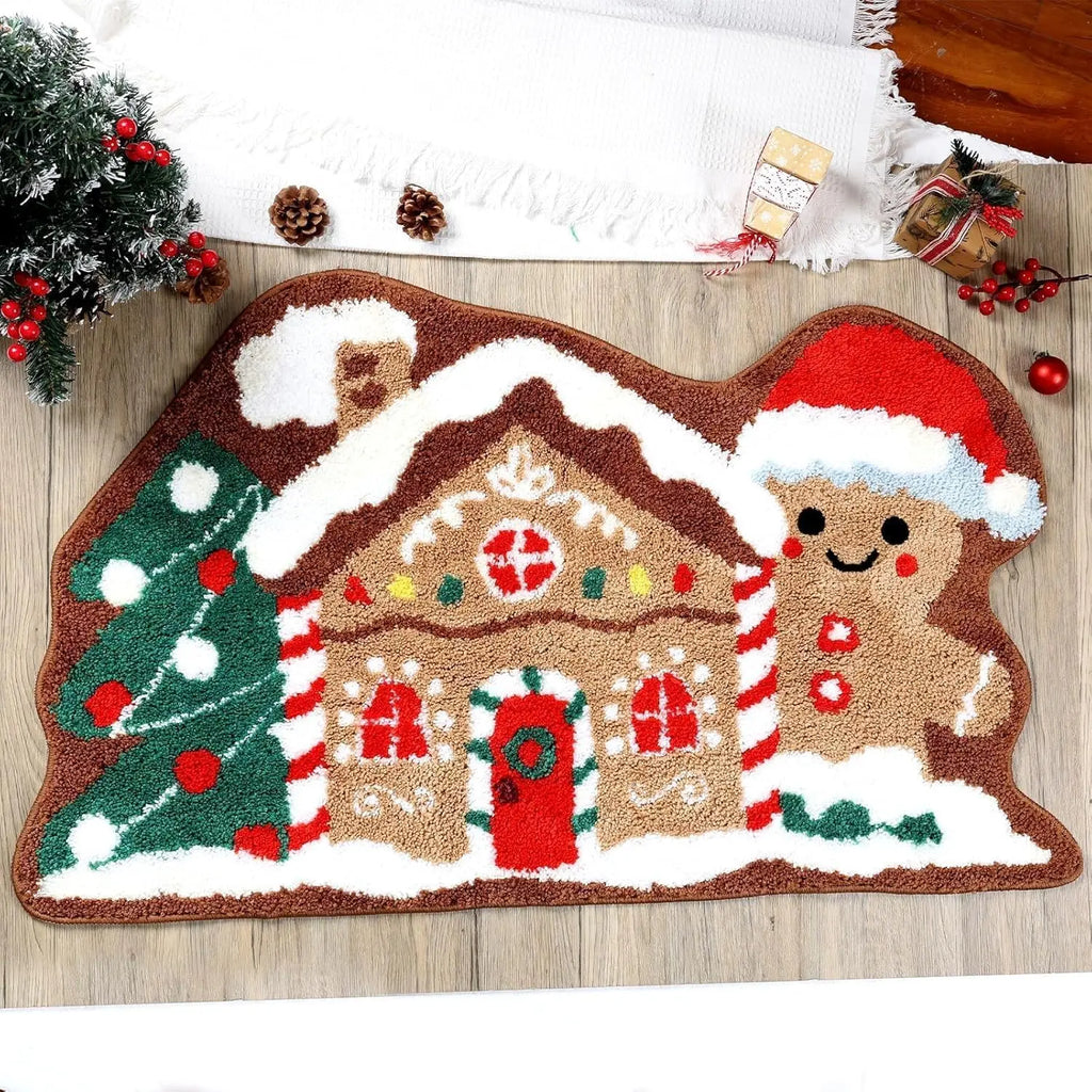 VIAMA Christmas Gingerbread House Rug Soft Bathroom Mat Gingerbread Figure Front Door Living Room Holiday Decorations