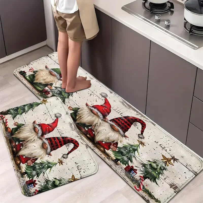 VIKAMA 2-Piece Christmas Rug Set White-Bearded Father Christmas Design Kitchen Mat Entrance Doormat Non-Slip Festive Home Decor