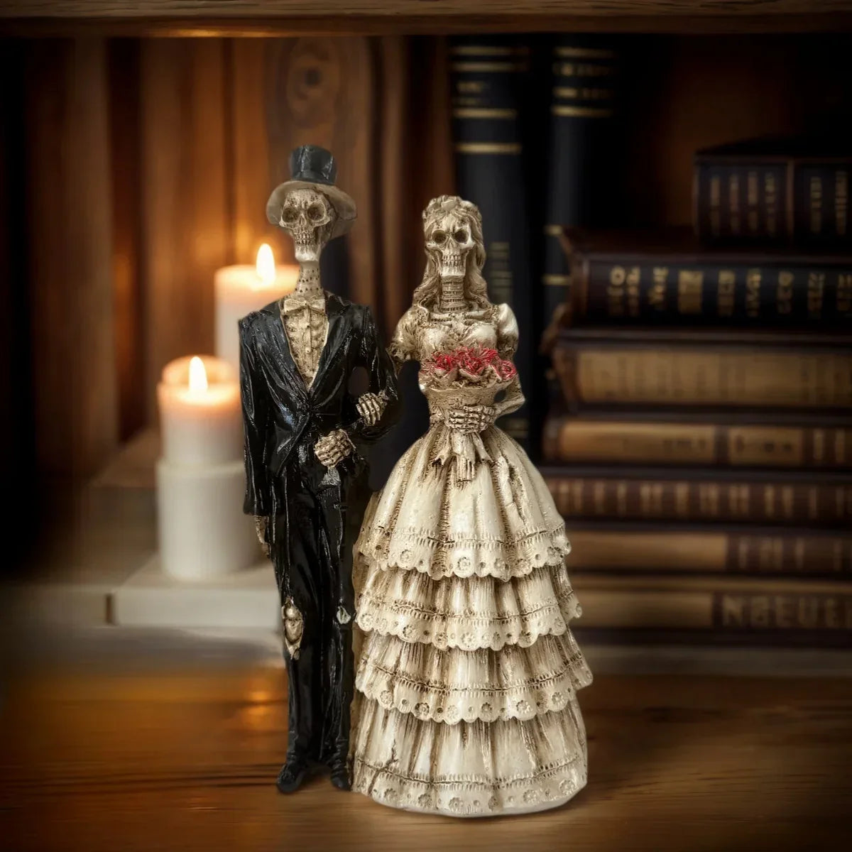 1 Halloween Couple Skeleton Statue Ornament, Vintage Wedding Dress Style, Home Desktop Party Decoration, Spooky and Romantic Atmosphere Item