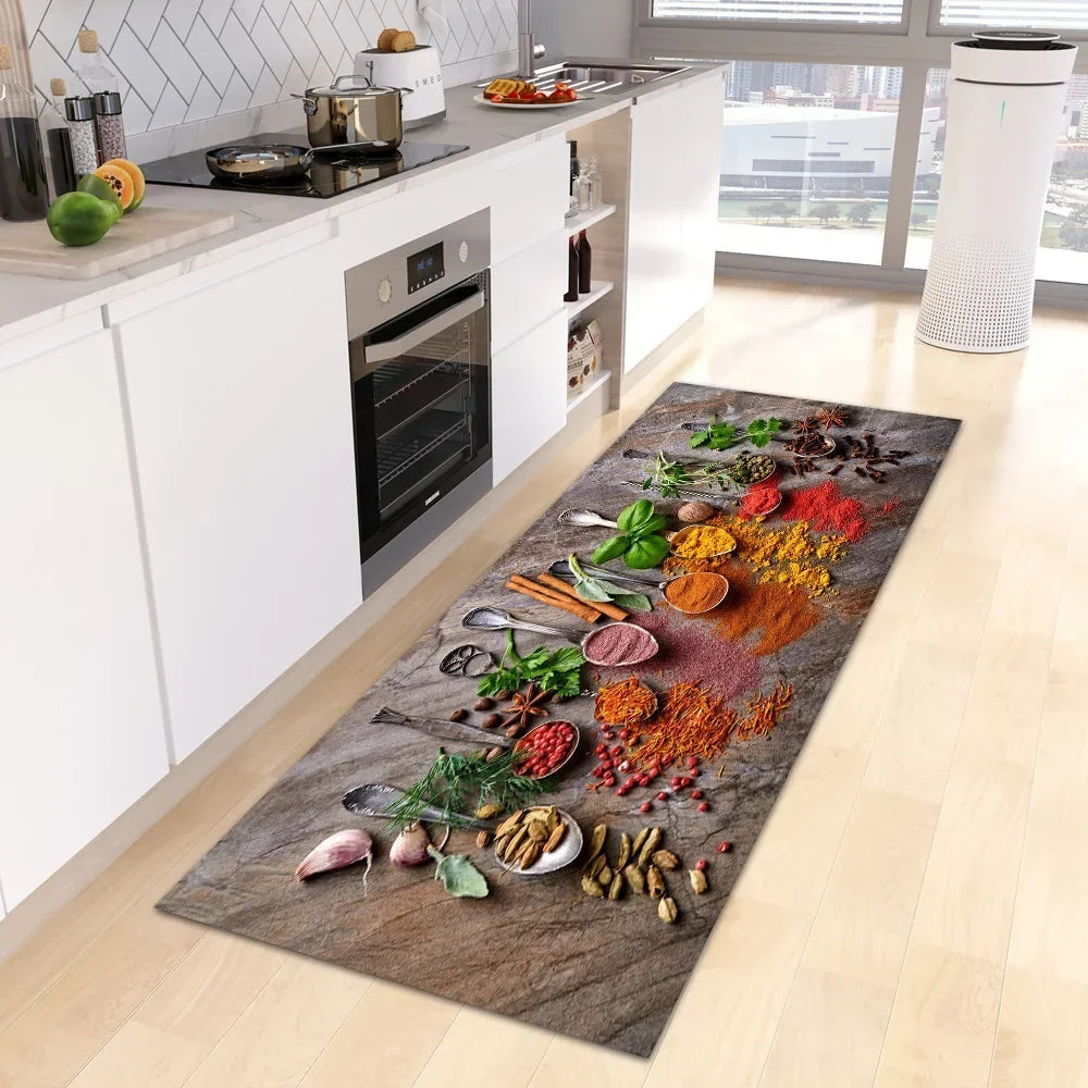 VIKAMA Scandinavian Waterproof Rug Antibacterial Stain Resistant Spice Printed Machine Washable Modern Kitchen Rugs Home Decor