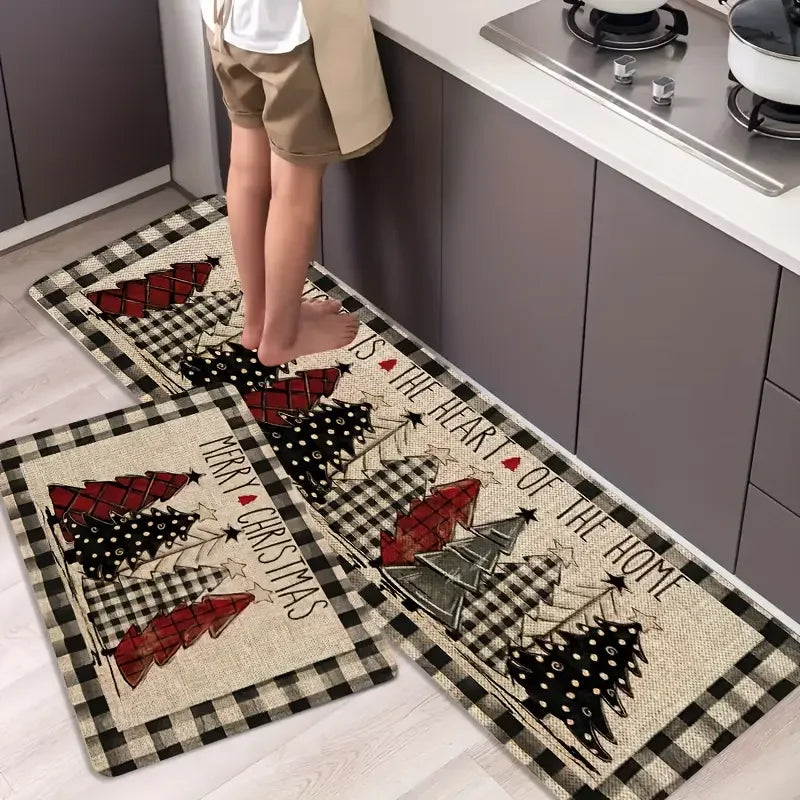 VIKAMA Christmas Tree Theme Rug, Soft Non-Slip Home Decor, Entrance Hall Doormat, Kitchen Two-Piece Mat Set, Bathroom Foot Mat