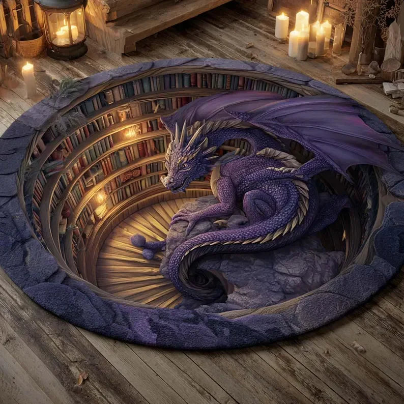 Fantasy Dragon 3D Printed Round Rug Library Dragon Hole Illusion Floor Mat Mystic Gothic Home Decor Round Carpet