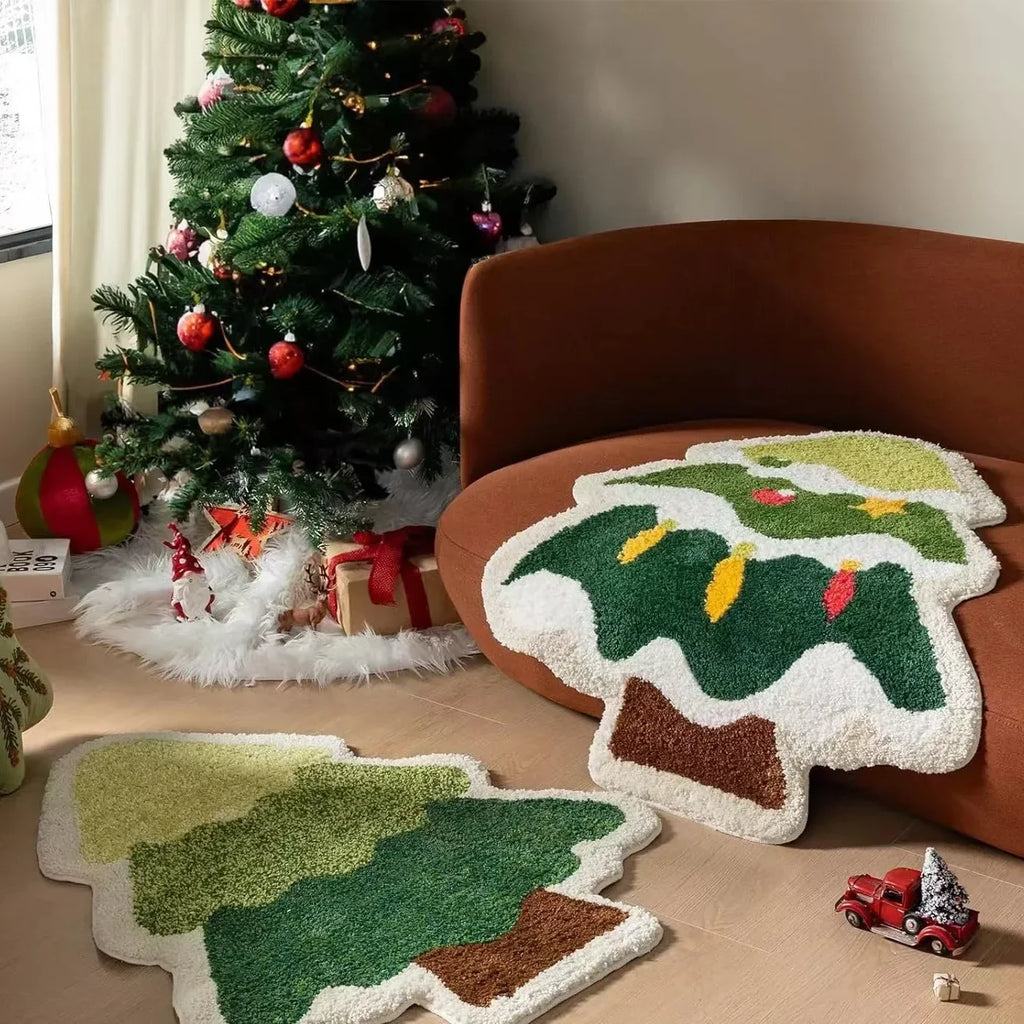 VIKAMA Cartoon Christmas Tree Wool-like Carpet Soft Anti-slip Floor Mat Entry Door Mat Festival Atmosphere Home Decoration